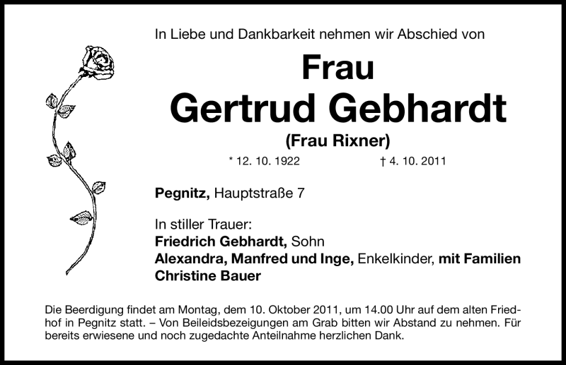  Traueranzeige für Gertrud Gebhardt vom 08.10.2011 aus Nürnberger Nachrichten