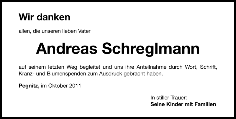 Traueranzeige für Andreas Schreglmann vom 08.10.2011 aus Nürnberger Nachrichten