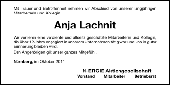 Traueranzeige von Anja Lachnit von Nürnberger Nachrichten
