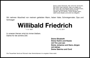Traueranzeige von Willibald Friedrich von Nürnberger Nachrichten