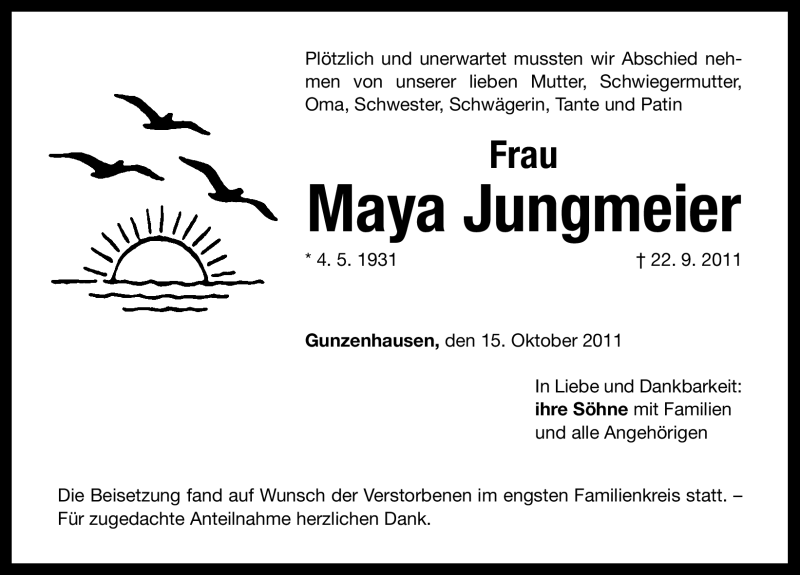  Traueranzeige für Maya Jungmeier vom 15.10.2011 aus Nürnberger Nachrichten
