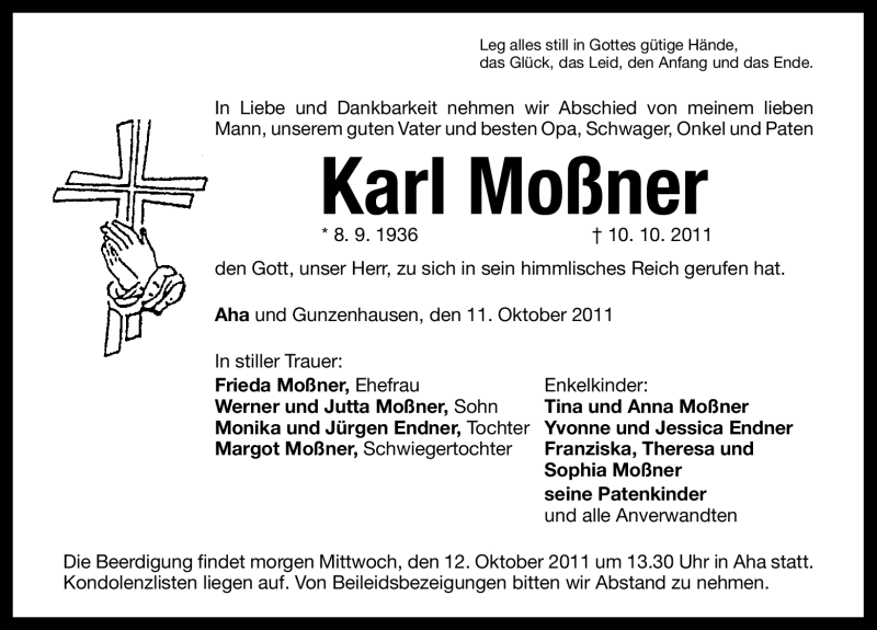  Traueranzeige für Karl Moßner vom 11.10.2011 aus Nürnberger Nachrichten