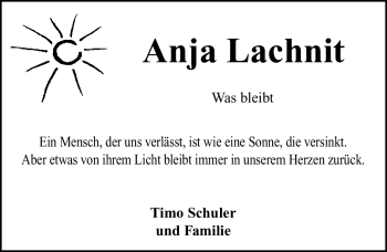 Traueranzeige von Anja Lachnit von Nürnberger Nachrichten
