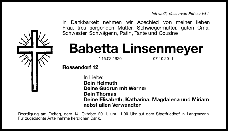 Traueranzeige für Babetta Linsenmeyer vom 12.10.2011 aus Nürnberger Nachrichten