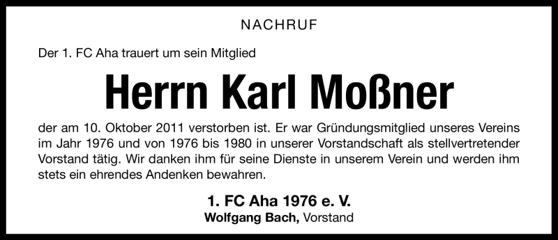  Traueranzeige für Karl Moßner vom 12.10.2011 aus Nürnberger Nachrichten