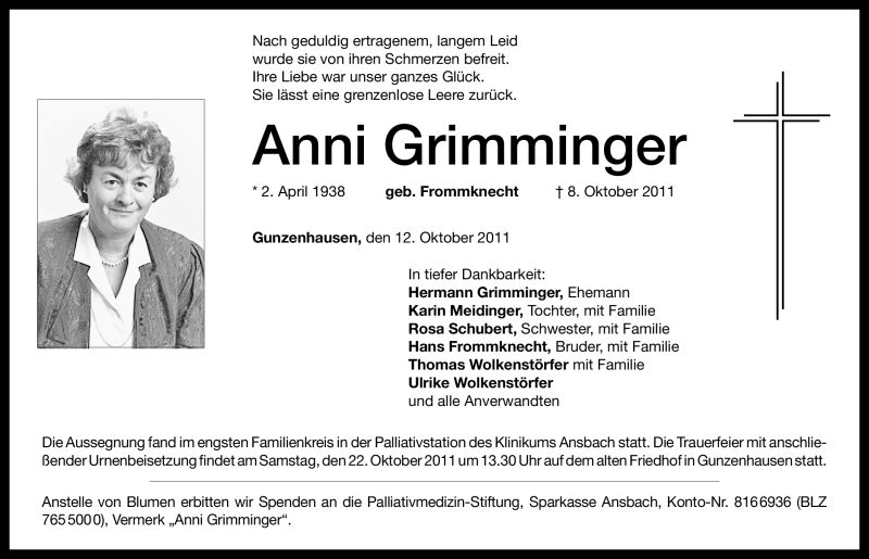  Traueranzeige für Anni Grimminger vom 12.10.2011 aus Nürnberger Nachrichten