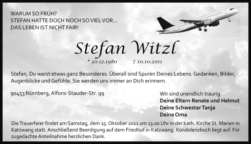  Traueranzeige für Stefan Witzl vom 12.10.2011 aus Nürnberger Nachrichten