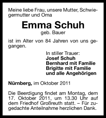 Traueranzeige von Emma Schuh von Nürnberger Nachrichten
