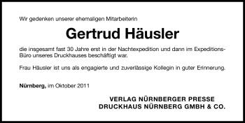 Traueranzeige von Gertrud Häusler von Nürnberger Nachrichten