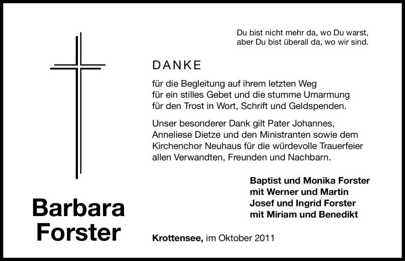  Traueranzeige für Barbara Forster vom 15.10.2011 aus Nürnberger Nachrichten