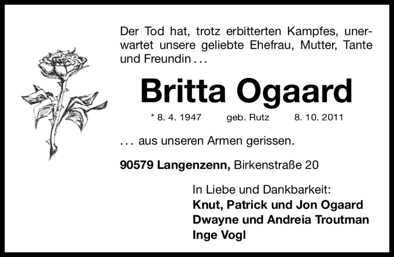  Traueranzeige für Britta Ogaard vom 15.10.2011 aus Nürnberger Nachrichten