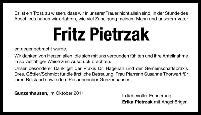  Traueranzeige für Fritz Pietrzak vom 15.10.2011 aus Nürnberger Nachrichten