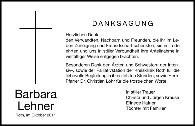  Traueranzeige für Barbara Lehner vom 15.10.2011 aus Nürnberger Nachrichten