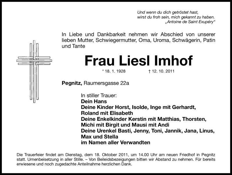  Traueranzeige für Liesl Imhof vom 14.10.2011 aus Nürnberger Nachrichten