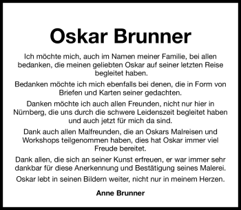 Traueranzeige von Oskar Brunner von Nürnberger Nachrichten