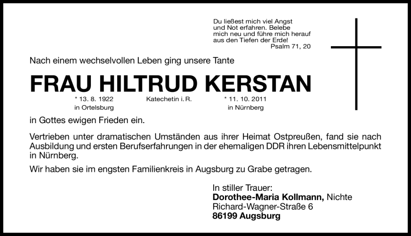  Traueranzeige für Hiltrud Kerstan vom 15.10.2011 aus Nürnberger Nachrichten