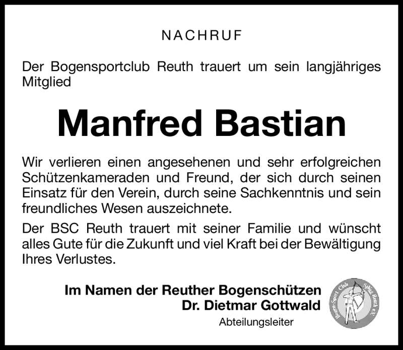  Traueranzeige für Manfred Bastian vom 17.10.2011 aus Nürnberger Nachrichten