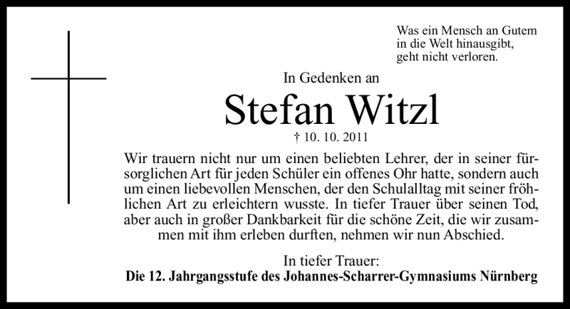  Traueranzeige für Stefan Witzl vom 17.10.2011 aus Nürnberger Nachrichten