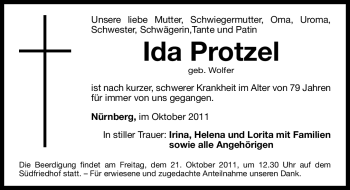 Traueranzeige von Ida Protzel von Nürnberger Nachrichten