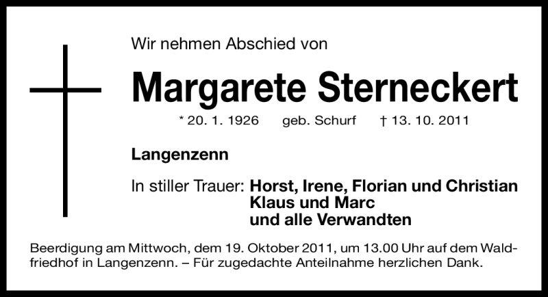 Traueranzeige für Margarete Sterneckert vom 17.10.2011 aus Nürnberger Nachrichten