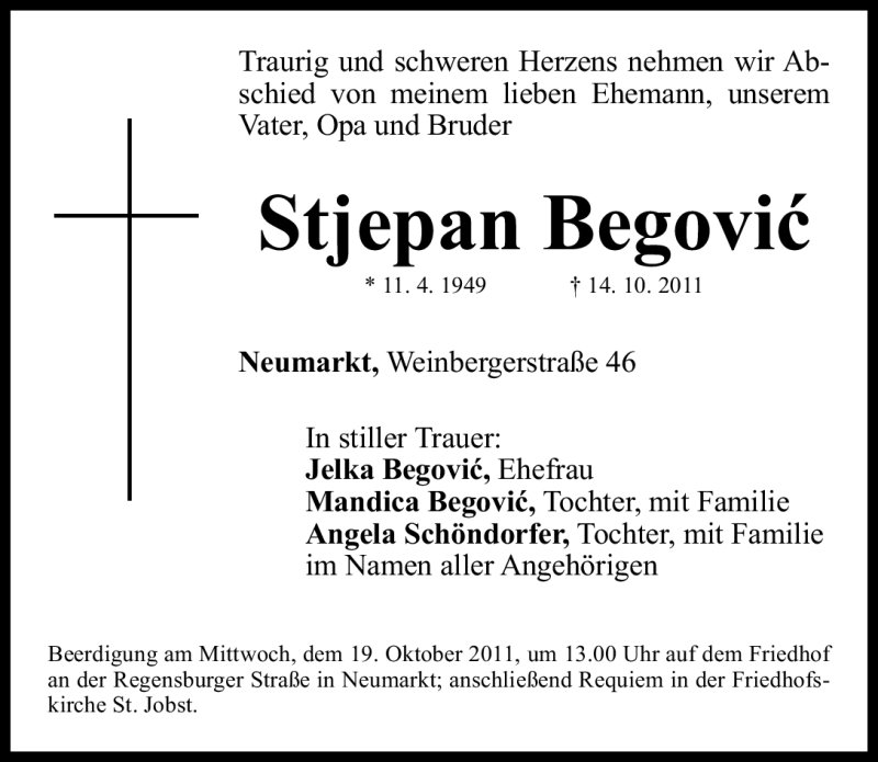  Traueranzeige für Stjepan Begovic vom 17.10.2011 aus Nürnberger Nachrichten