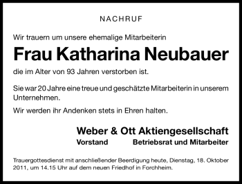 Traueranzeige von Katharina Neubauer von Nürnberger Nachrichten