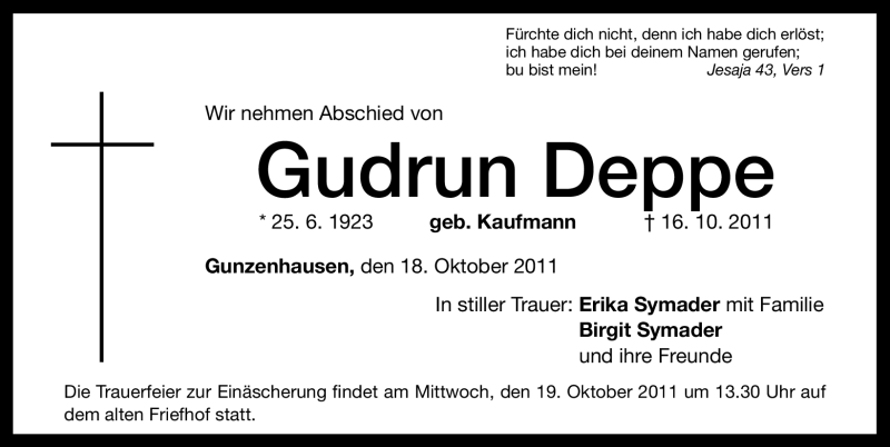  Traueranzeige für Gudrun Deppe vom 18.10.2011 aus Nürnberger Nachrichten