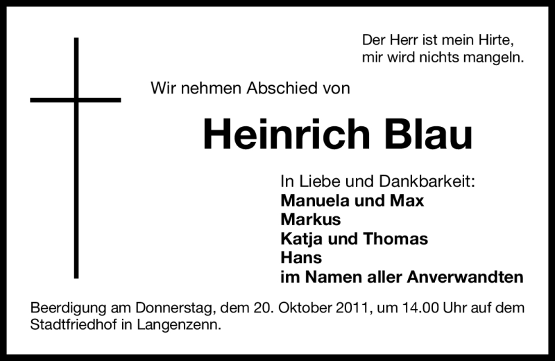  Traueranzeige für Heinrich Blau vom 19.10.2011 aus Nürnberger Nachrichten