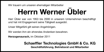 Traueranzeige von Werner Übler von Nürnberger Nachrichten