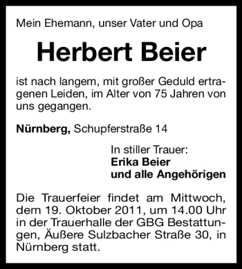 Traueranzeige von Herbert Beier von Nürnberger Nachrichten