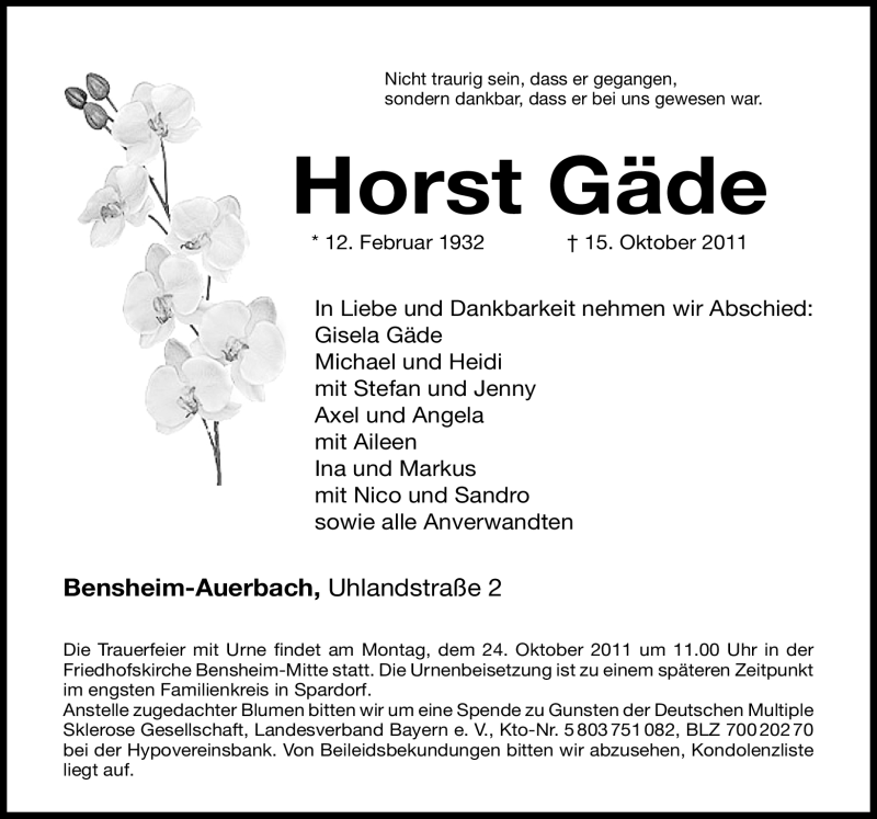  Traueranzeige für Horst Gäde vom 19.10.2011 aus Nürnberger Nachrichten