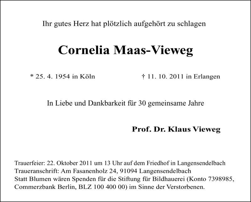  Traueranzeige für Cornelia Maas-Vieweg vom 19.10.2011 aus Nürnberger Nachrichten