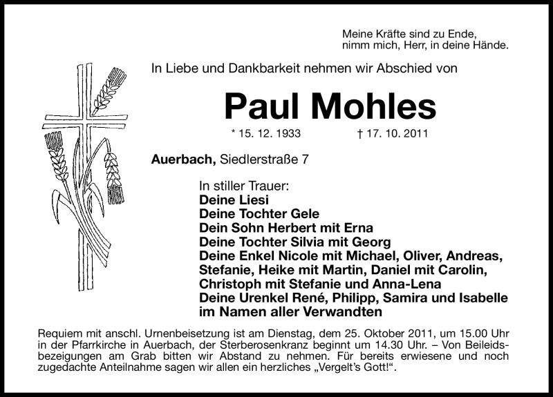  Traueranzeige für Paul Mohles vom 20.10.2011 aus Nürnberger Nachrichten