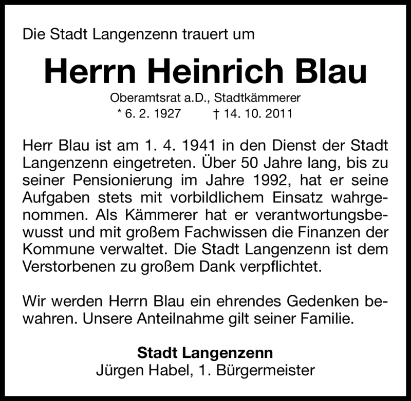  Traueranzeige für Heinrich Blau vom 19.10.2011 aus Nürnberger Nachrichten