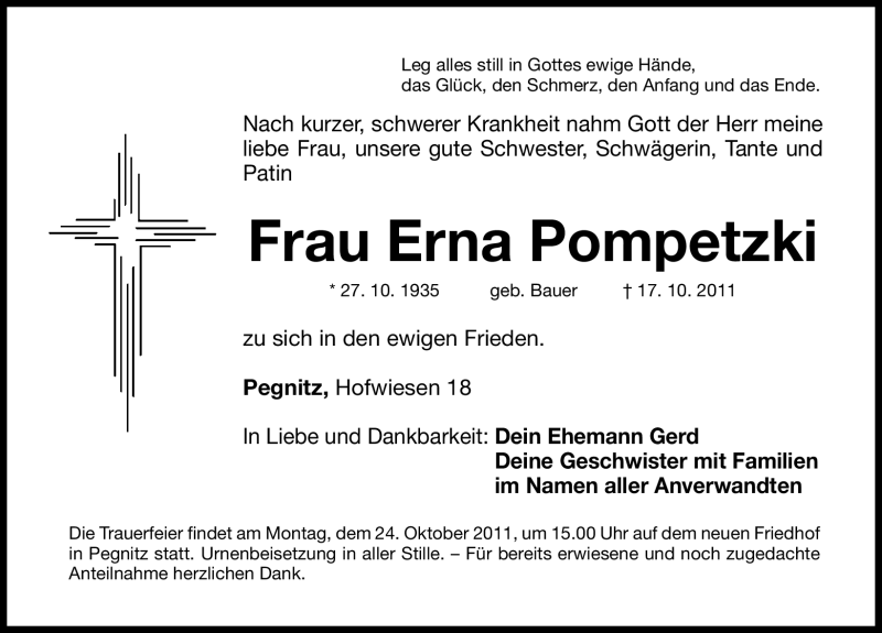  Traueranzeige für Erna Pompetzki vom 20.10.2011 aus Nürnberger Nachrichten
