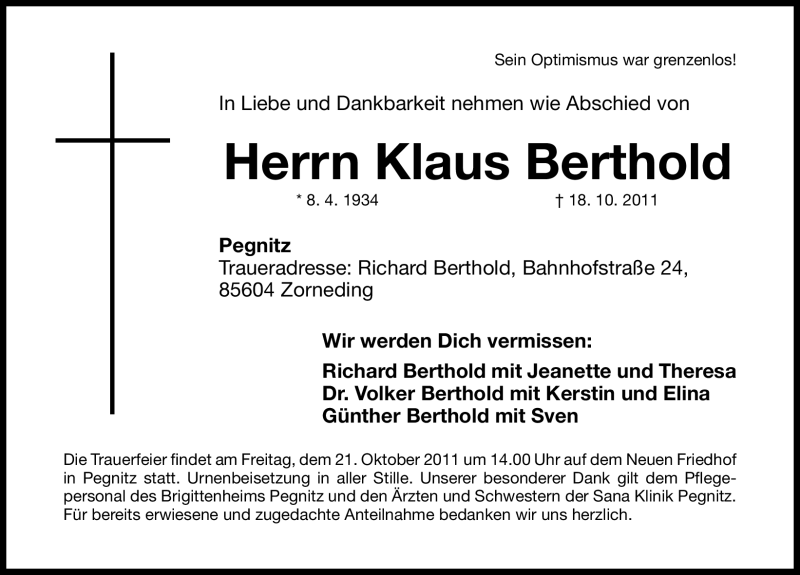  Traueranzeige für Klaus Berthold vom 20.10.2011 aus Nürnberger Nachrichten