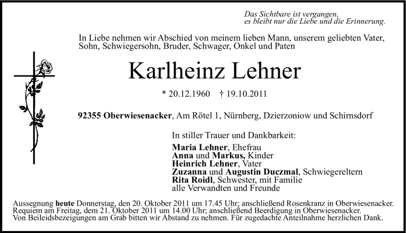  Traueranzeige für Karlheinz Lehner vom 20.10.2011 aus Nürnberger Nachrichten