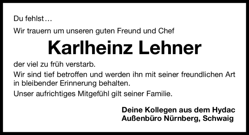  Traueranzeige für Karlheinz Lehner vom 21.10.2011 aus Nürnberger Nachrichten