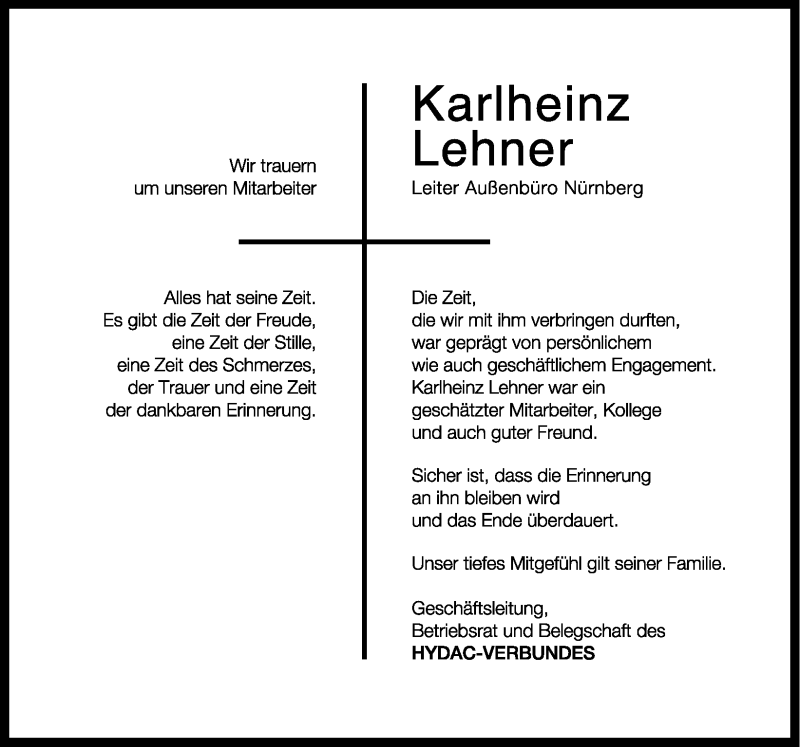  Traueranzeige für Karlheinz Lehner vom 22.10.2011 aus Nürnberger Nachrichten