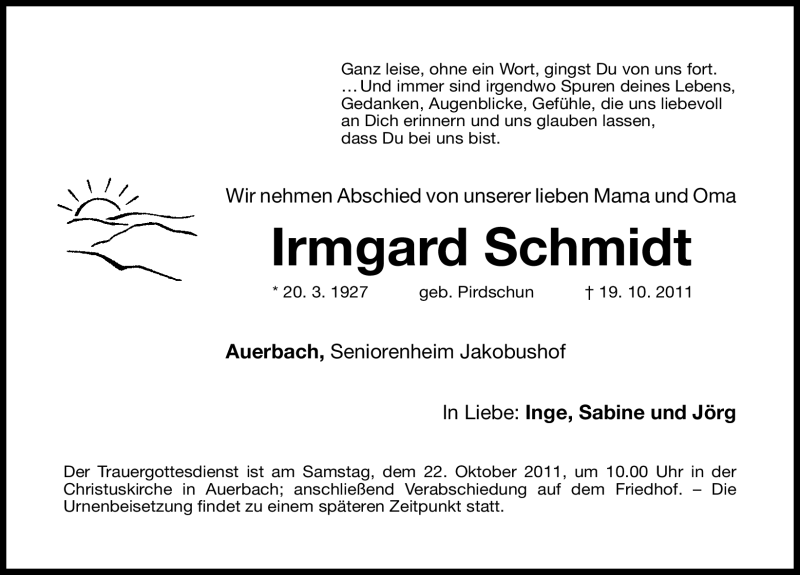  Traueranzeige für Irmgard Schmidt vom 21.10.2011 aus Nürnberger Nachrichten