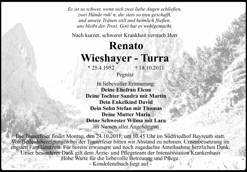  Traueranzeige für Renato Wieshayer-Turra vom 21.10.2011 aus Nürnberger Nachrichten