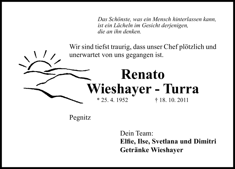  Traueranzeige für Renato Wieshayer-Turra vom 21.10.2011 aus Nürnberger Nachrichten