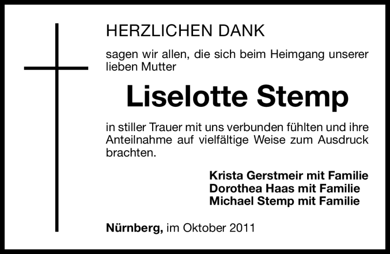  Traueranzeige für Liselotte Stemp vom 22.10.2011 aus Nürnberger Nachrichten
