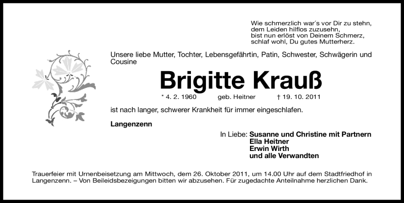  Traueranzeige für Brigitte Krauß vom 24.10.2011 aus Nürnberger Nachrichten
