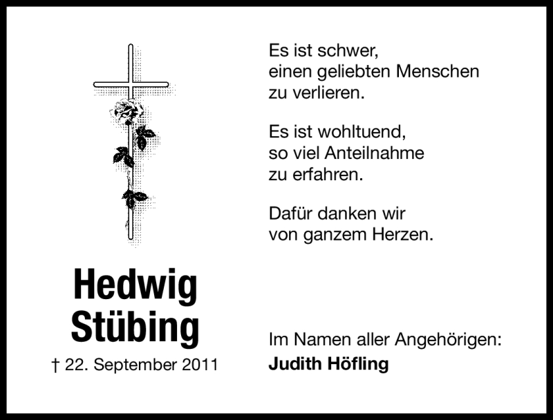  Traueranzeige für Hedwig Stübing vom 22.10.2011 aus Nürnberger Nachrichten