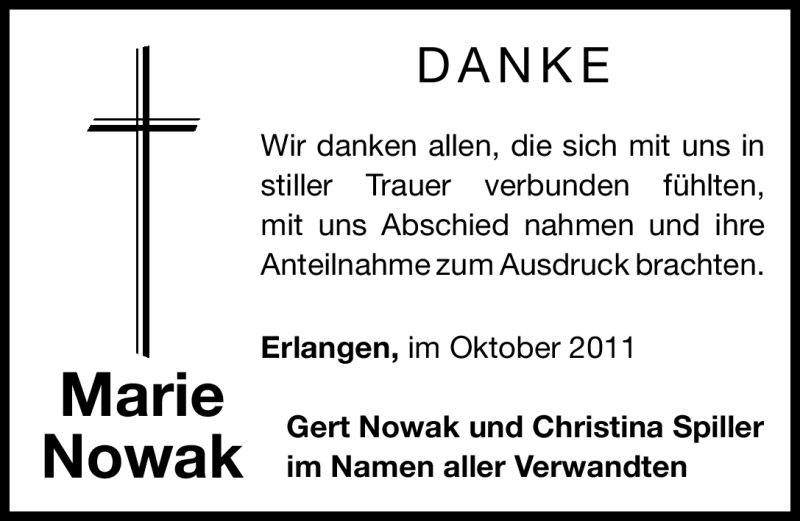  Traueranzeige für Marie Nowak vom 22.10.2011 aus Nürnberger Nachrichten