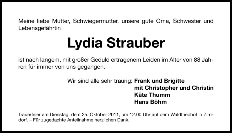  Traueranzeige für Lydia Strauber vom 24.10.2011 aus Nürnberger Nachrichten