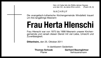Traueranzeige von Herta Hlenschi von Nürnberger Nachrichten