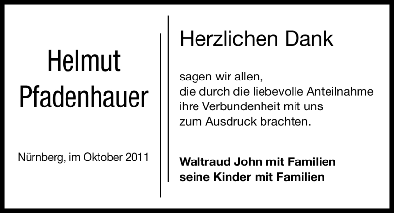  Traueranzeige für Helmut Pfadenhauer vom 26.10.2011 aus Nürnberger Nachrichten