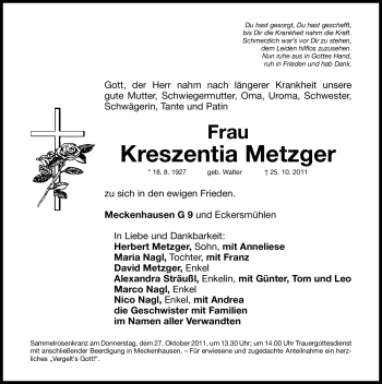 Traueranzeige von Kreszentia Metzger von Nürnberger Nachrichten